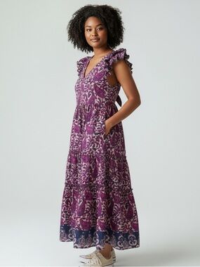 House of Harlow 1960 maxi dress Pink
& Blue Tiered Ruffle Cap Sleeves Pockets XL